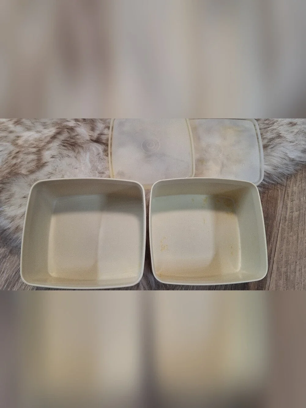 Vintage Tupperware Set of 2 Square Storage Containers with Lids Almond Beige